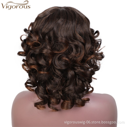 Vigorous Short Curly Wig With Bangs For Black Women Mixed Black And Brown Glueless Party Wig Synthetic Heat Resistant Hair Wig